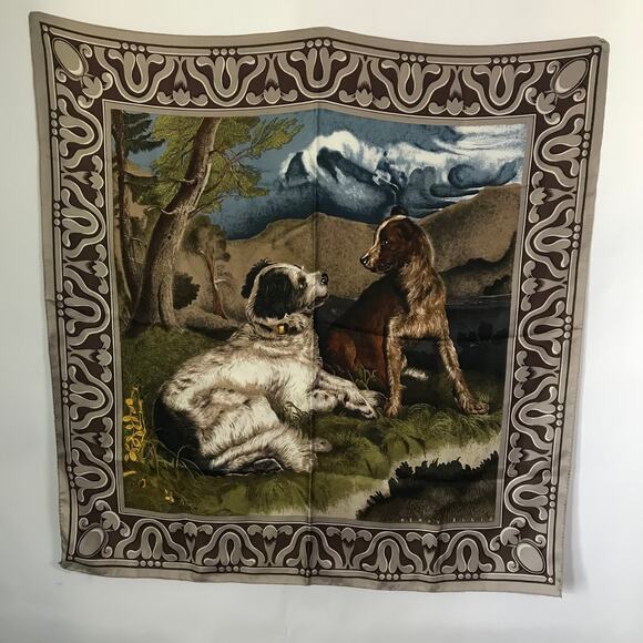 Perry Ellis Scarf Womens Silk Made in Japan Dogs Outdoors Mountain Vintage Artsy - Picture 1 of 11